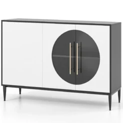 Buffetschrank mit Glastüren & Metallbeinen Sideboard Küchenschrank Weiß + Schwarz