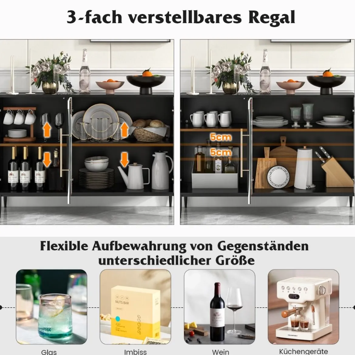 Buffetschrank mit Glastüren & Metallbeinen Sideboard Küchenschrank Weiß + Schwarz