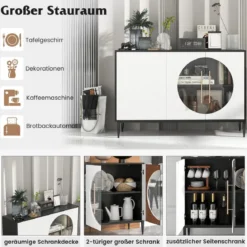 Buffetschrank mit Glastüren & Metallbeinen Sideboard Küchenschrank Weiß + Schwarz