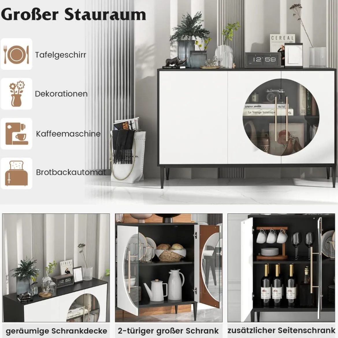 Buffetschrank mit Glastüren & Metallbeinen Sideboard Küchenschrank Weiß + Schwarz