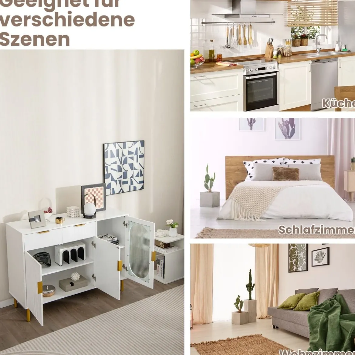 Buffetschrank mit Glastüren Sideboard mit 2 Schubladen & Metallbeinen 120 x 40 x 88 cm Weiß