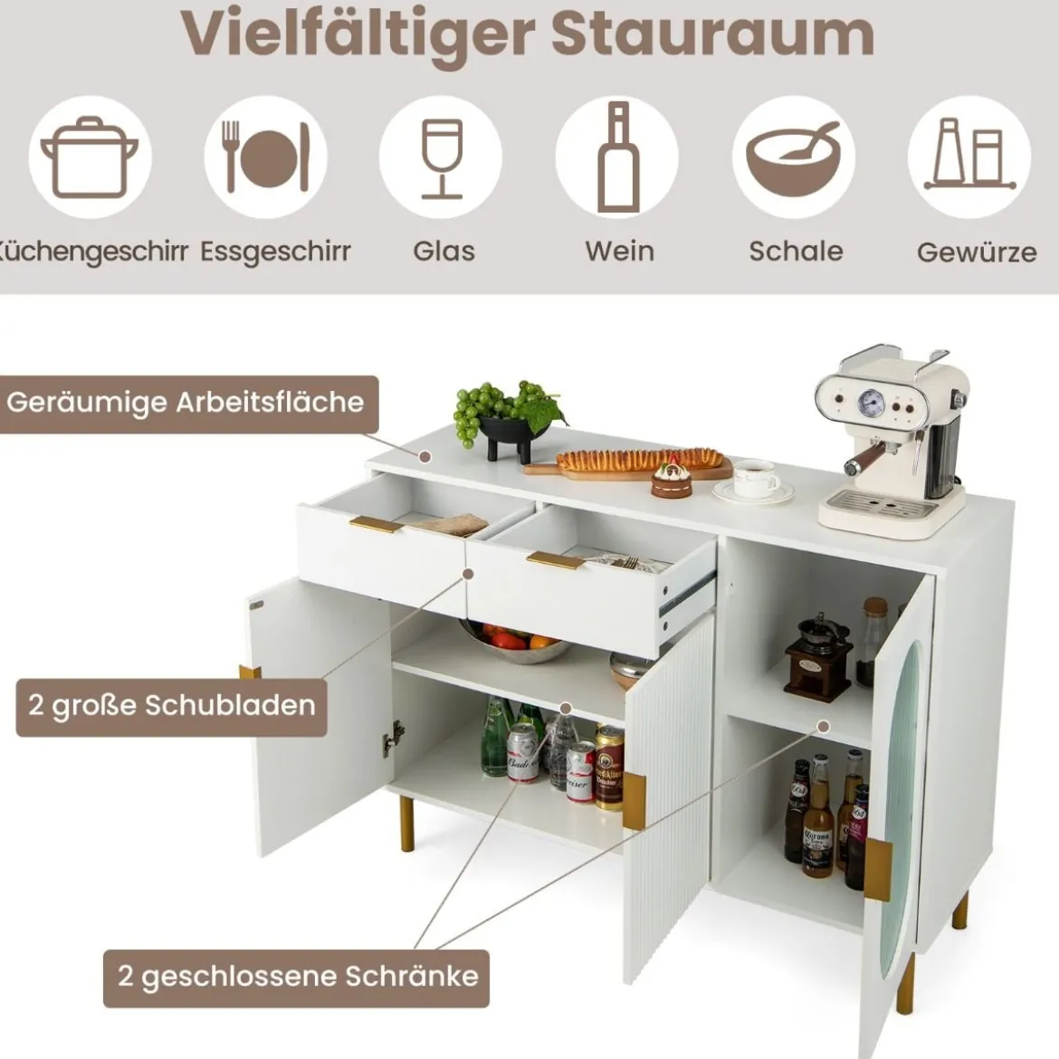 Buffetschrank mit Glastüren Sideboard mit 2 Schubladen & Metallbeinen 120 x 40 x 88 cm Weiß