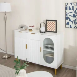 Buffetschrank mit Glastüren Sideboard mit 2 Schubladen & Metallbeinen 120 x 40 x 88 cm Weiß