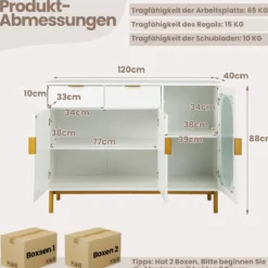 Buffetschrank mit Glastüren Sideboard mit 2 Schubladen & Metallbeinen 120 x 40 x 88 cm Weiß