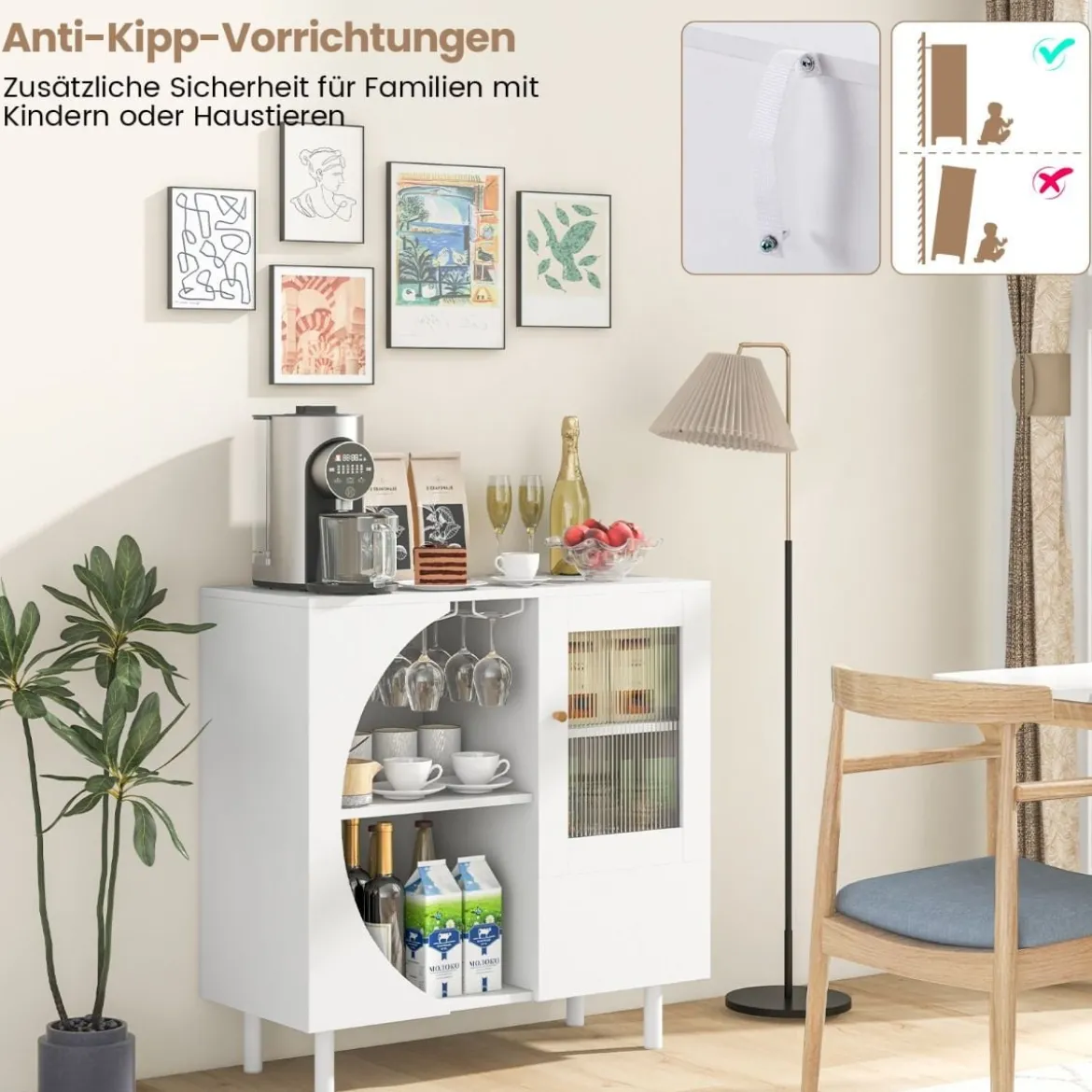 Buffetschrank mit Glastür & Offenem Regal & Metallbeinen Sideboard 80 x 30 x 80 cm Weiß