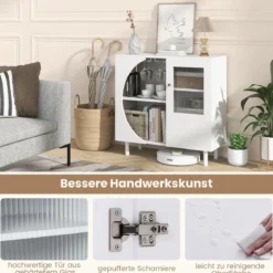Buffetschrank mit Glastür & Offenem Regal & Metallbeinen Sideboard 80 x 30 x 80 cm Weiß