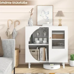 Buffetschrank mit Glastür & Offenem Regal & Metallbeinen Sideboard 80 x 30 x 80 cm Weiß