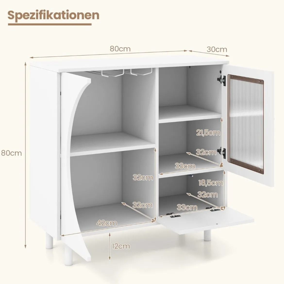 Buffetschrank mit Glastür & Offenem Regal & Metallbeinen Sideboard 80 x 30 x 80 cm Weiß