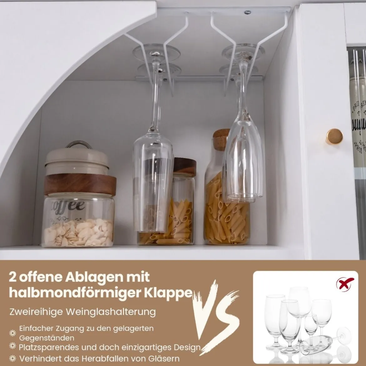 Buffetschrank mit Glastür & Offenem Regal & Metallbeinen Sideboard 80 x 30 x 80 cm Weiß
