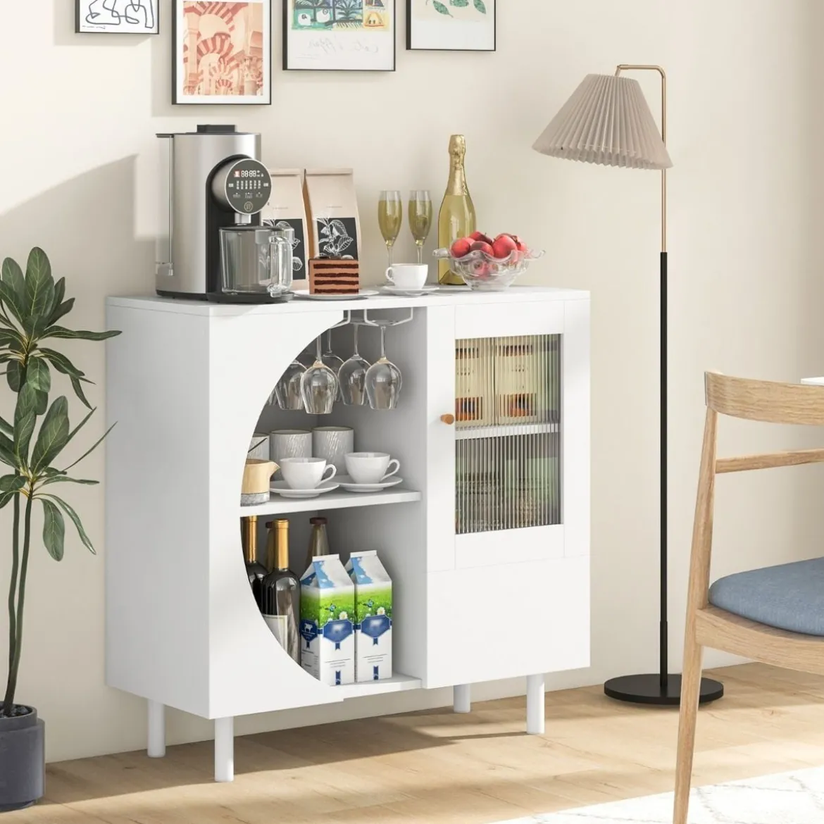 Buffetschrank mit Glastür & Offenem Regal & Metallbeinen Sideboard 80 x 30 x 80 cm Weiß