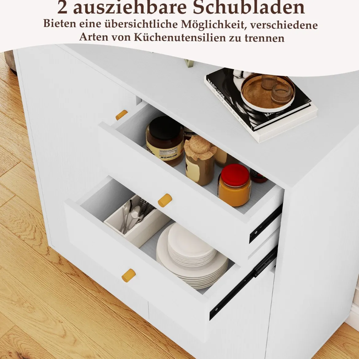 Buffetschrank mit 2 Schubladen & 2 Türen & 3 Verstellbaren Regalen Sideboard Vorratsschrank Weiß