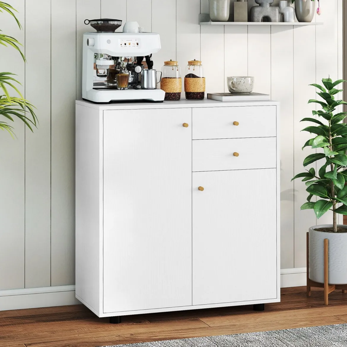 Buffetschrank mit 2 Schubladen & 2 Türen & 3 Verstellbaren Regalen Sideboard Vorratsschrank Weiß