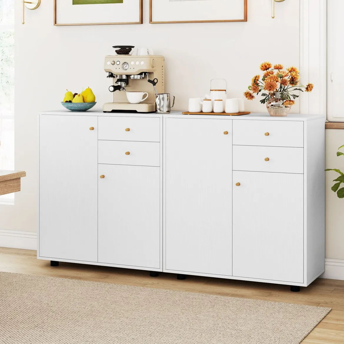 Buffetschrank mit 2 Schubladen & 2 Türen & 3 Verstellbaren Regalen Sideboard Vorratsschrank Weiß
