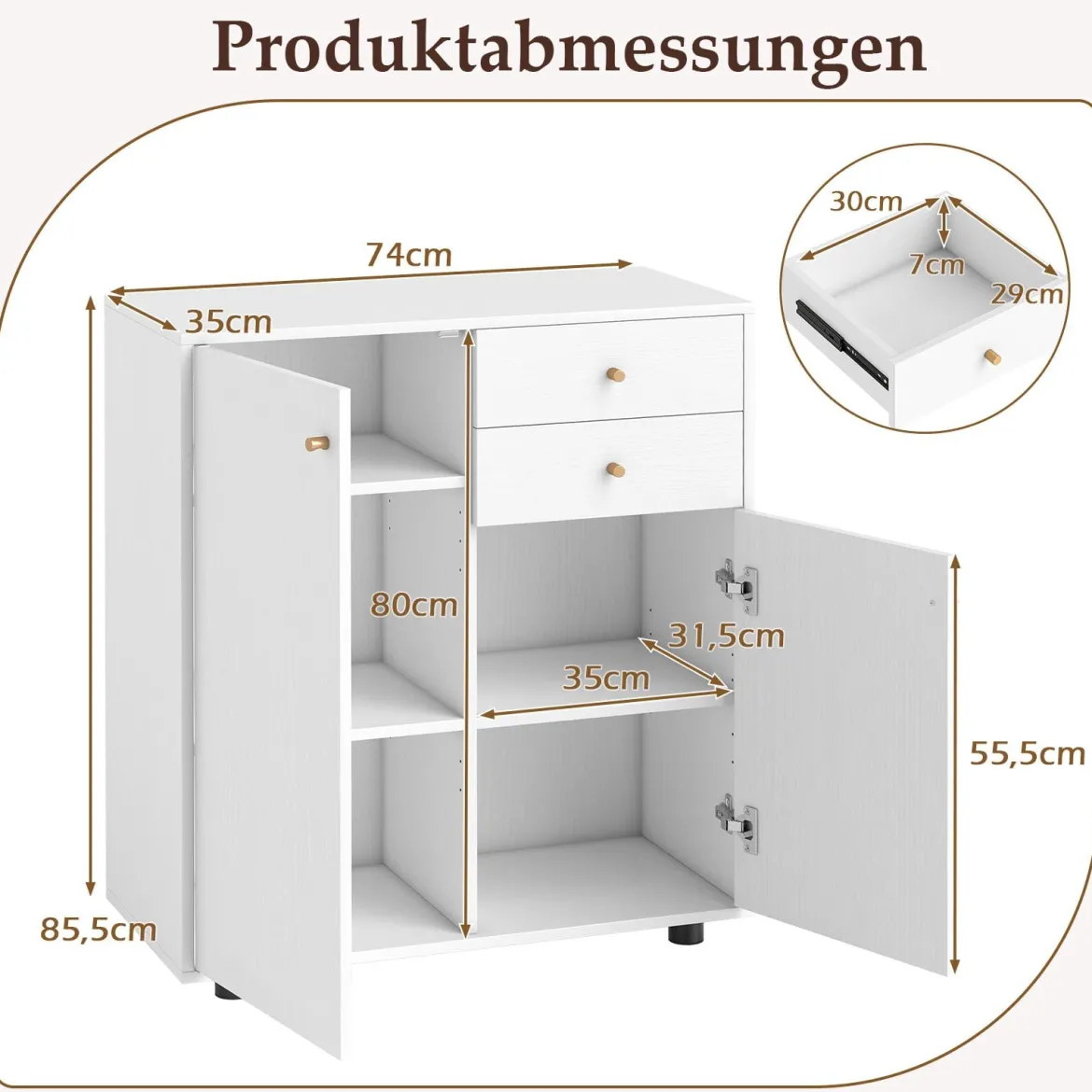 Buffetschrank mit 2 Schubladen & 2 Türen & 3 Verstellbaren Regalen Sideboard Vorratsschrank Weiß