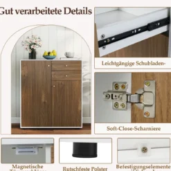 Buffetschrank mit 2 Schubladen & 2 Türen & 3 Verstellbaren Regalen Sideboard Vorratsschrank Natur