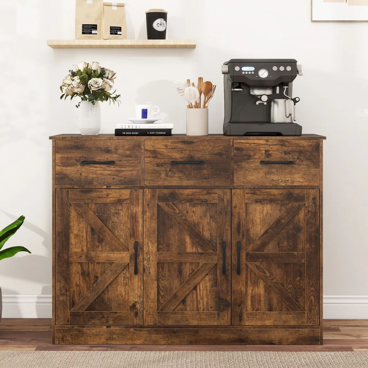Buffetschrank mit 3 Schubladen Sideboard mit verstellbaren Regalen 108 x 38 x 81 cm Rustikal Braun