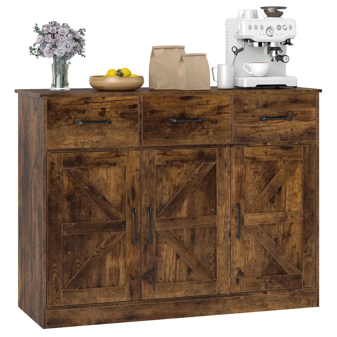 Buffetschrank mit 3 Schubladen Sideboard mit verstellbaren Regalen 108 x 38 x 81 cm Rustikal Braun
