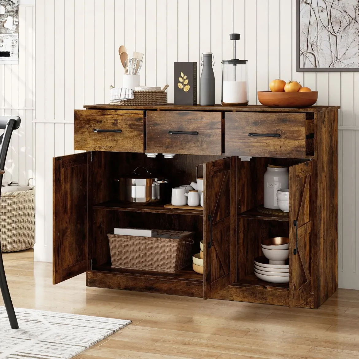 Buffetschrank mit 3 Schubladen Sideboard mit verstellbaren Regalen 108 x 38 x 81 cm Rustikal Braun