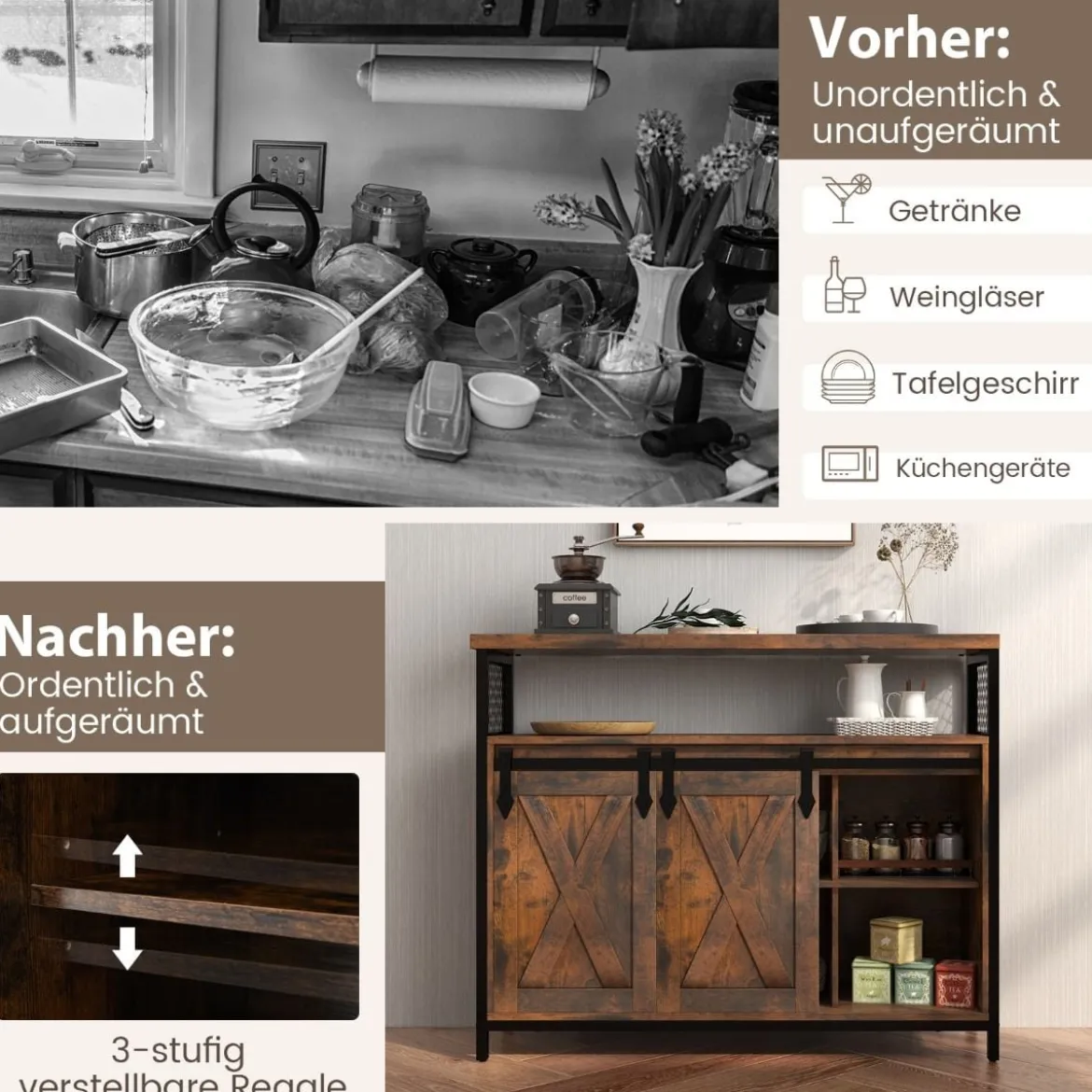 Buffetschrank mit 3-stufig Verstellbaren Regalen & Schiebetüren & Offenen Fächern im Farmhaus Stil