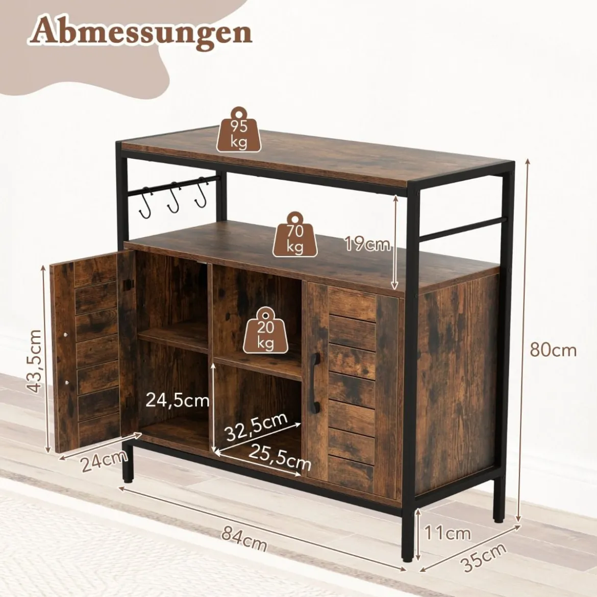 Buffet Schrank mit 2 Türen & Offenen Fächern & Verstellbaren Regalen & 3 Haken Sideboard