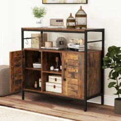 Buffet Schrank mit 2 Türen & Offenen Fächern & Verstellbaren Regalen & 3 Haken Sideboard
