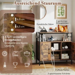 Buffet Schrank mit 2 Türen & Offenen Fächern & Verstellbaren Regalen & 3 Haken Sideboard