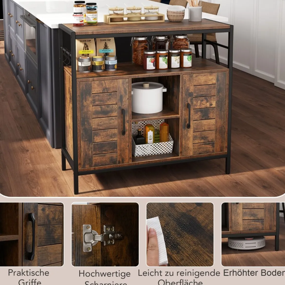 Buffet Schrank mit 2 Türen & Offenen Fächern & Verstellbaren Regalen & 3 Haken Sideboard