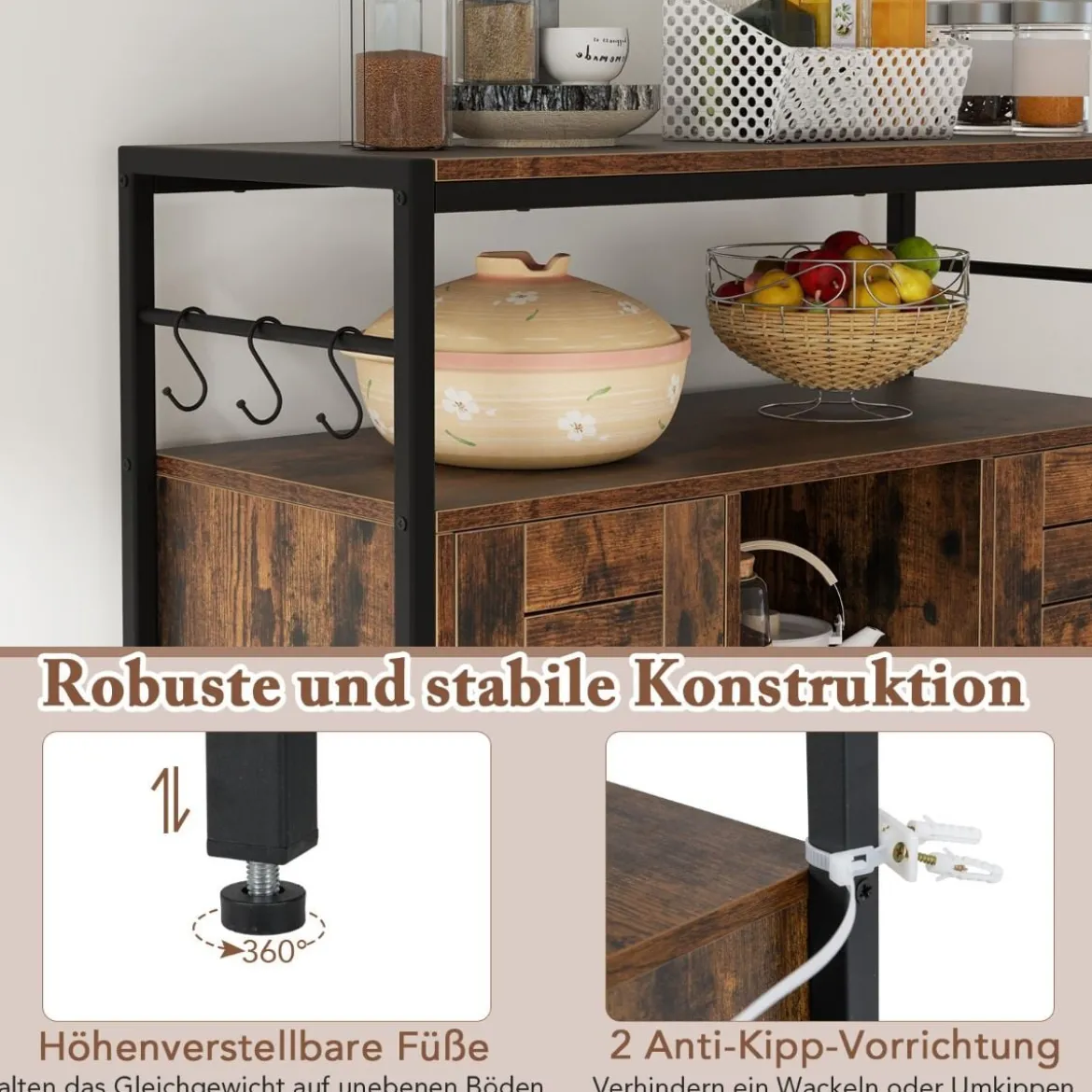Buffet Schrank mit 2 Türen & Offenen Fächern & Verstellbaren Regalen & 3 Haken Sideboard