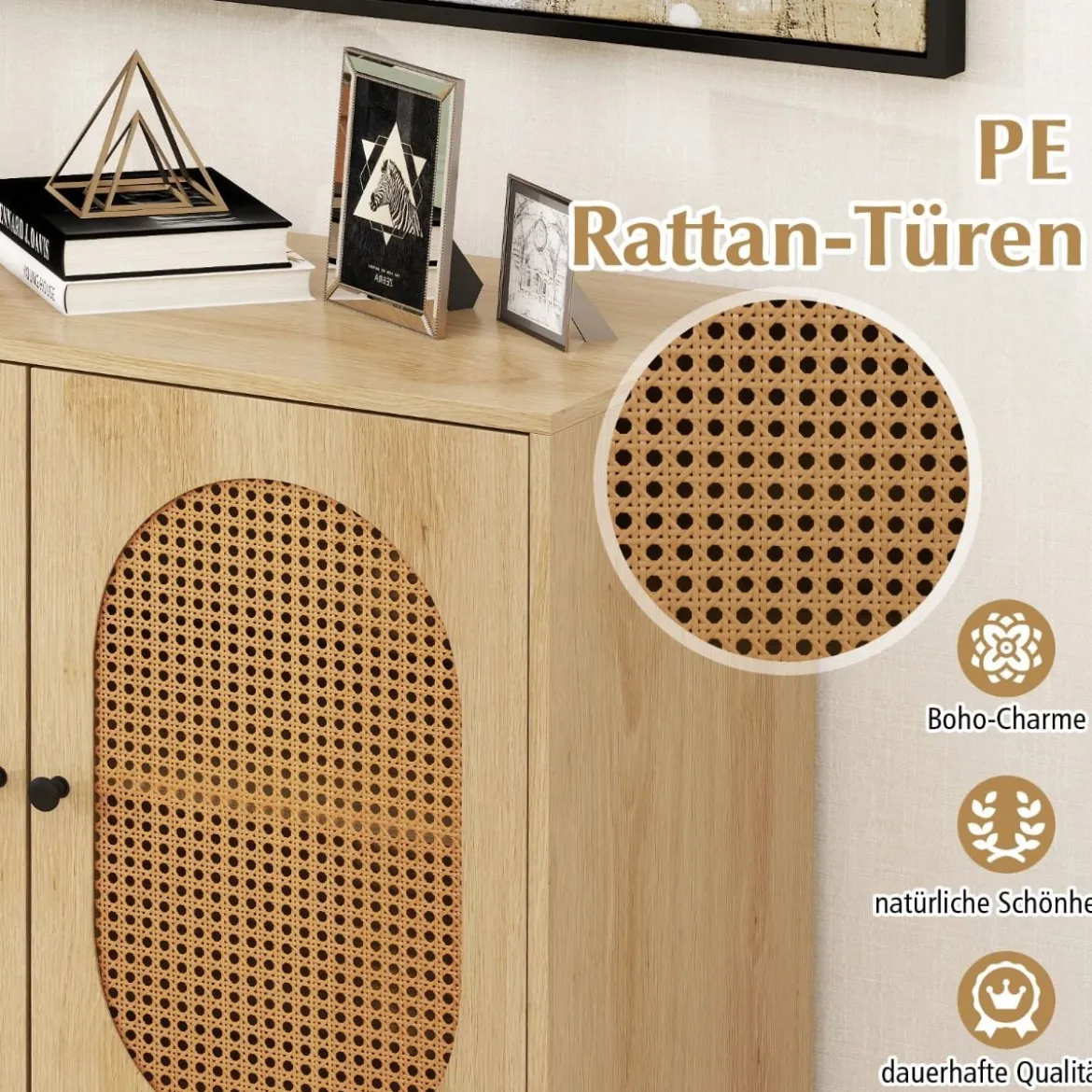 Buffetschrank stabiler Rattan-Lagerschrank mit 2 Türen verstellbares Regal & Metallbeine Natur