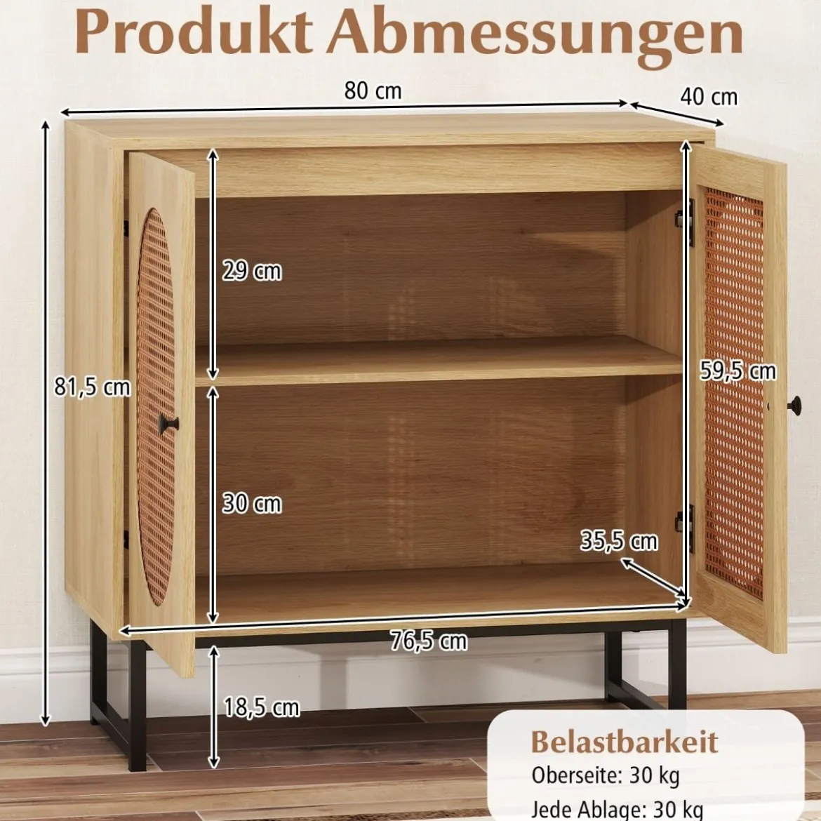 Buffetschrank stabiler Rattan-Lagerschrank mit 2 Türen verstellbares Regal & Metallbeine Natur
