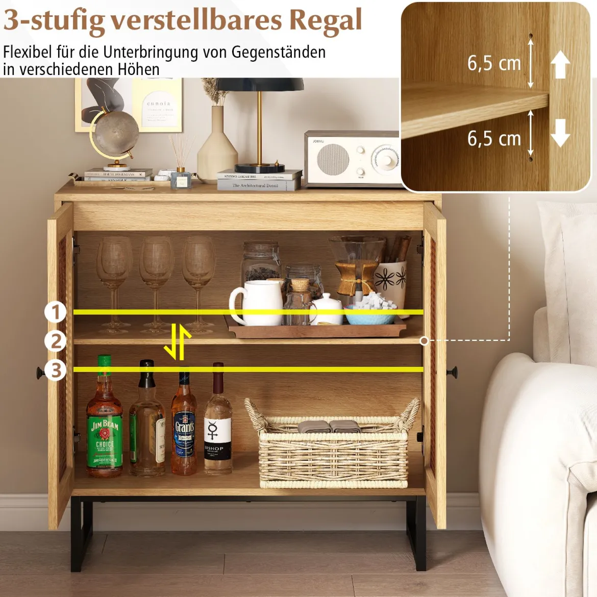 Buffetschrank stabiler Rattan-Lagerschrank mit 2 Türen verstellbares Regal & Metallbeine Natur