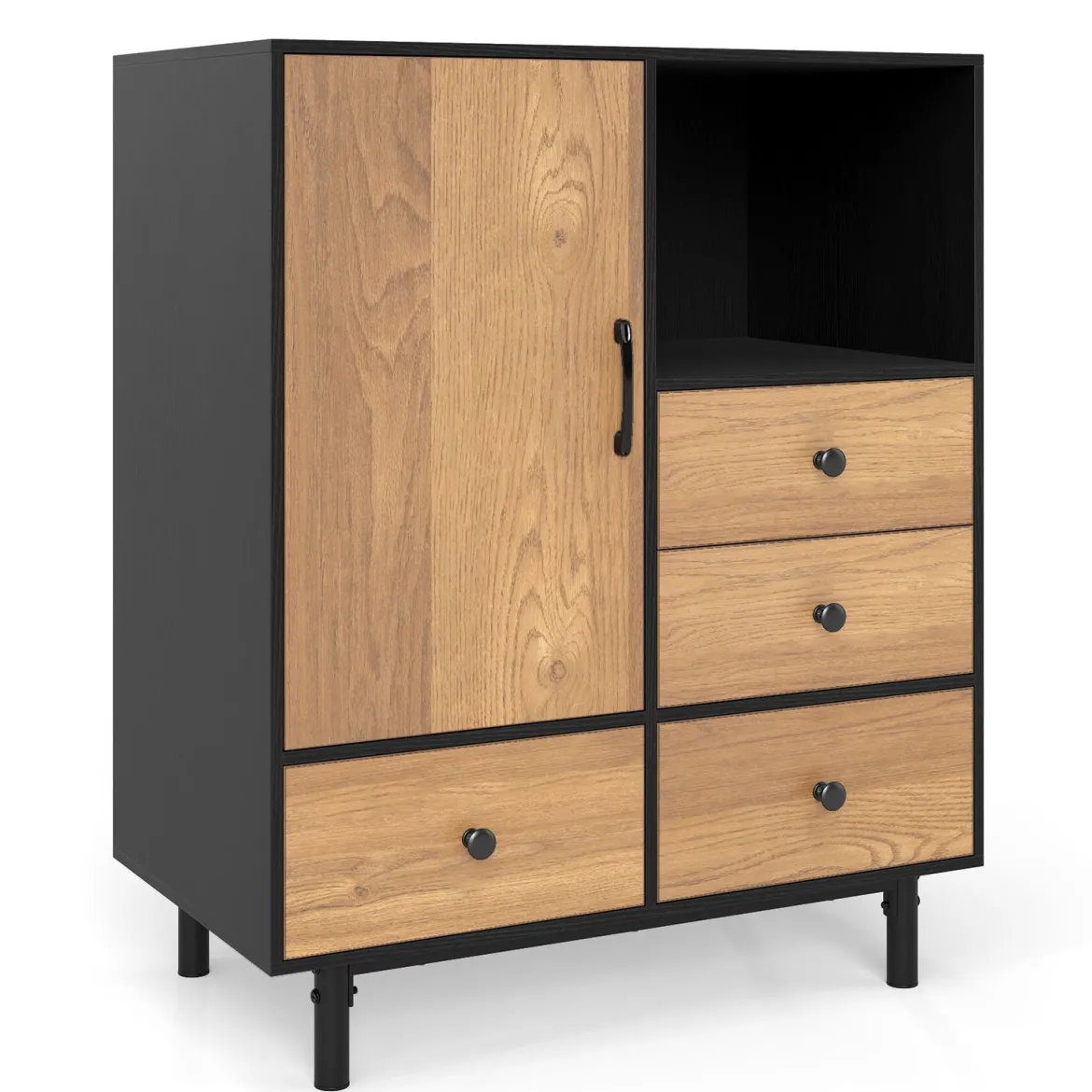 Buffet-Sideboard Mittelalter moderner Aufbewahrungsschrank mit 4 Schubladen & offenem Fach Schwarz