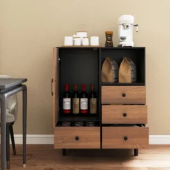 Buffet-Sideboard Mittelalter moderner Aufbewahrungsschrank mit 4 Schubladen & offenem Fach Schwarz