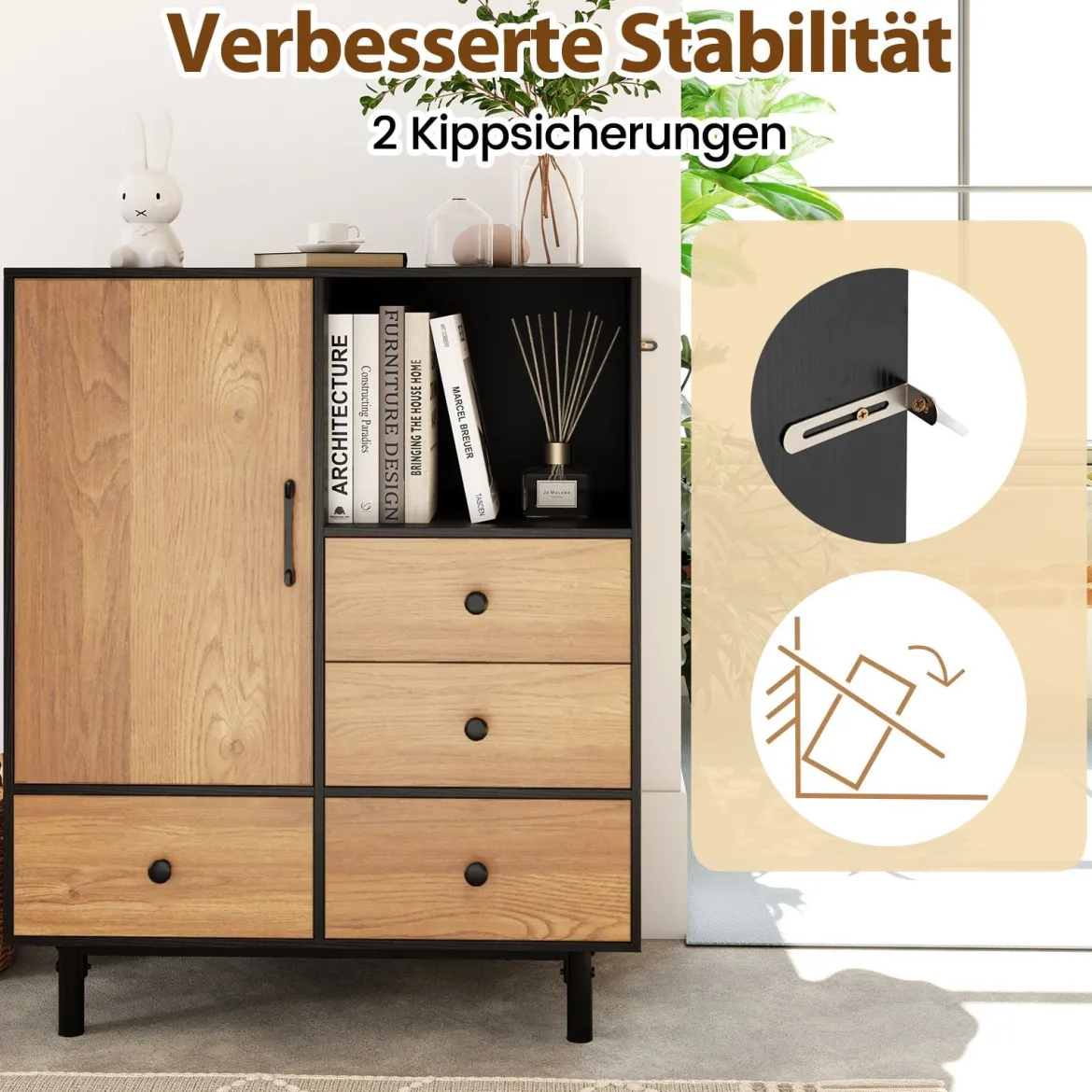 Buffet-Sideboard Mittelalter moderner Aufbewahrungsschrank mit 4 Schubladen & offenem Fach Schwarz