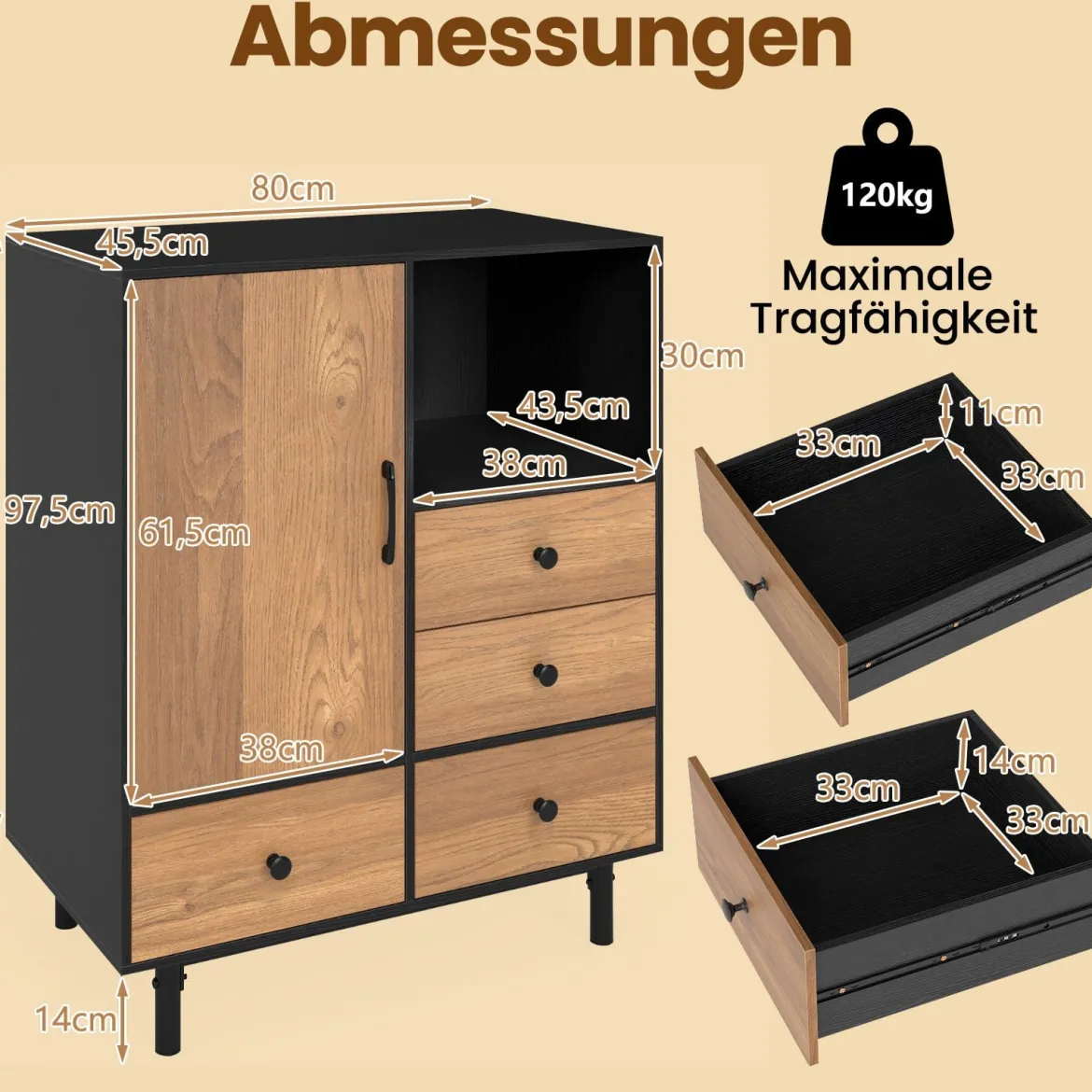 Buffet-Sideboard Mittelalter moderner Aufbewahrungsschrank mit 4 Schubladen & offenem Fach Schwarz