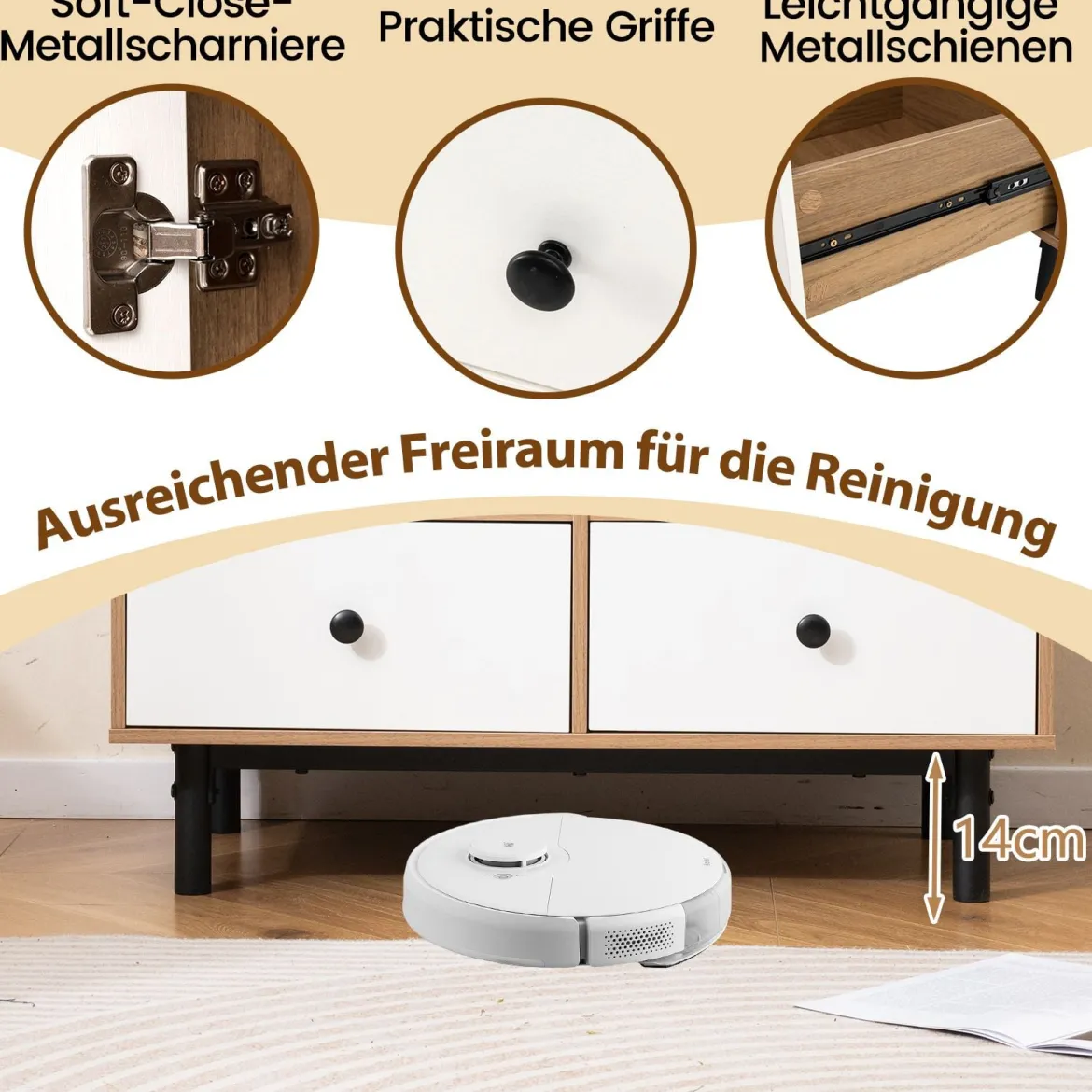 Buffet-Sideboard Mittelalter moderner Aufbewahrungsschrank mit 4 Schubladen & offenem Fach Natur