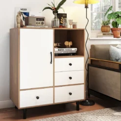 Buffet-Sideboard Mittelalter moderner Aufbewahrungsschrank mit 4 Schubladen & offenem Fach Natur