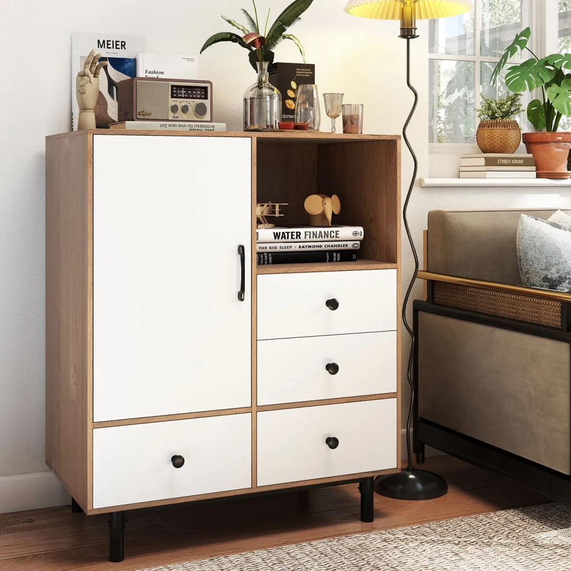 Buffet-Sideboard Mittelalter moderner Aufbewahrungsschrank mit 4 Schubladen & offenem Fach Natur