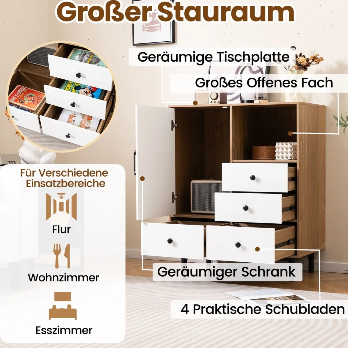 Buffet-Sideboard Mittelalter moderner Aufbewahrungsschrank mit 4 Schubladen & offenem Fach Natur