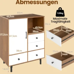 Buffet-Sideboard Mittelalter moderner Aufbewahrungsschrank mit 4 Schubladen & offenem Fach Natur