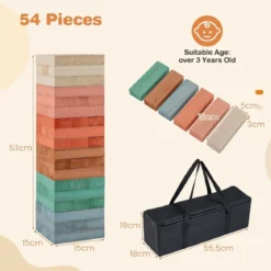 Buntes Holz Stapelspiel 54 Teile Wackelturm mit Tasche für Kinder ab 3 Jahren Mehrfarbig