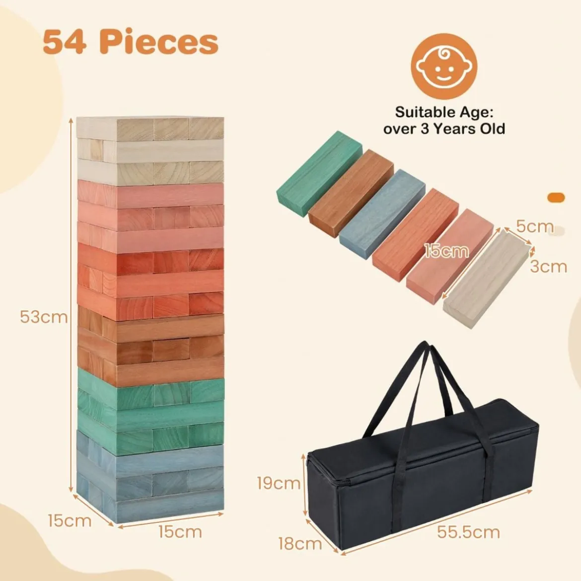 Buntes Holz Stapelspiel 54 Teile Wackelturm mit Tasche für Kinder ab 3 Jahren Mehrfarbig