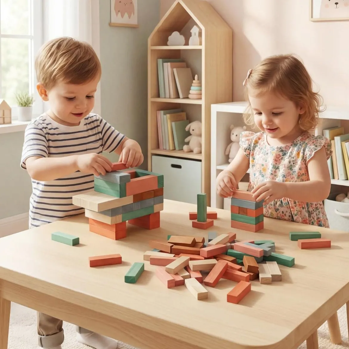 Buntes Holz Stapelspiel 54 Teile Wackelturm mit Tasche für Kinder ab 3 Jahren Mehrfarbig