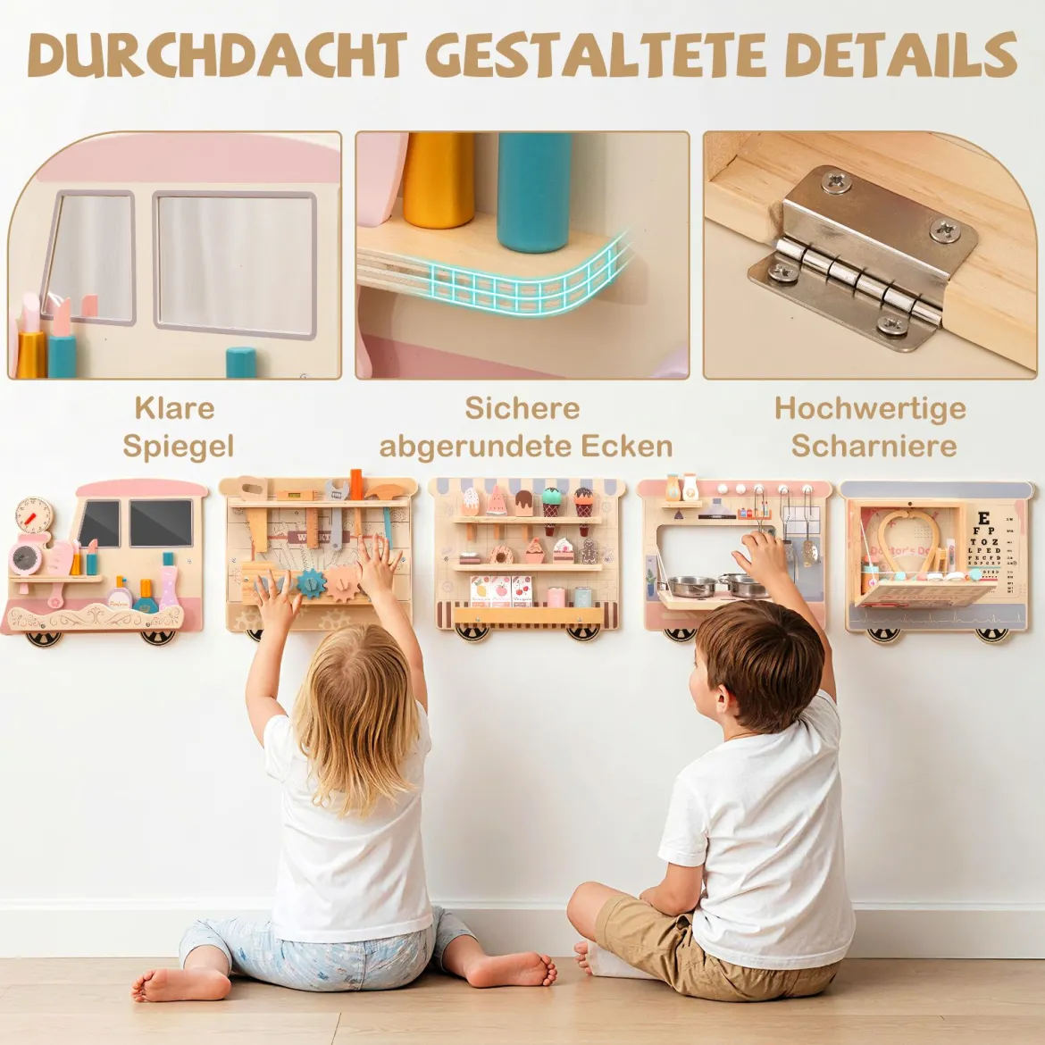 Busy board im Zugform für Kinder Wandmontiertes Activity Board mit Kommode Werkzeugkasten Spielküche Bunt