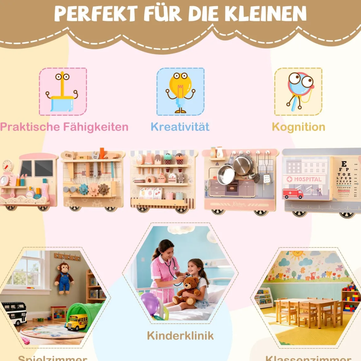Busy board im Zugform für Kinder Wandmontiertes Activity Board mit Kommode Werkzeugkasten Spielküche Bunt