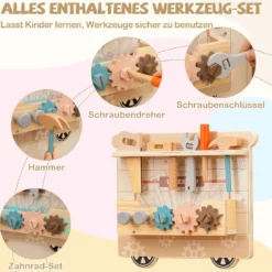 Busy board im Zugform für Kinder Wandmontiertes Activity Board mit Kommode Werkzeugkasten Spielküche Bunt