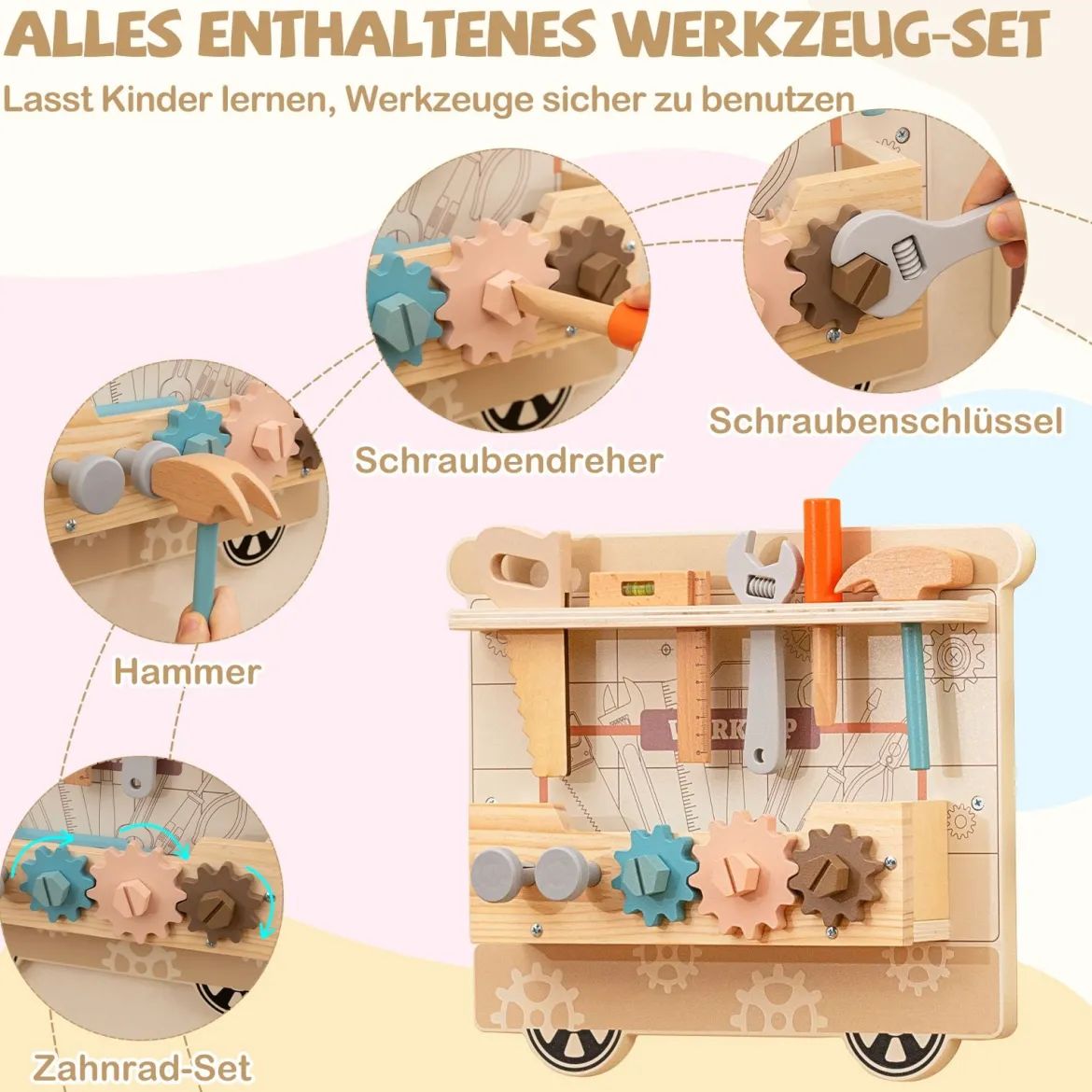 Busy board im Zugform für Kinder Wandmontiertes Activity Board mit Kommode Werkzeugkasten Spielküche Bunt