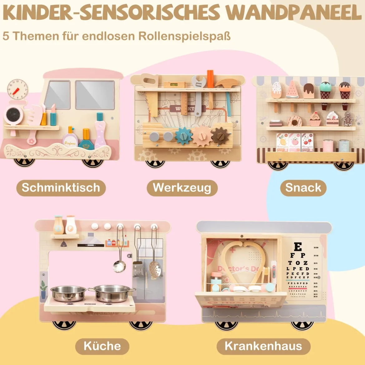 Busy board im Zugform für Kinder Wandmontiertes Activity Board mit Kommode Werkzeugkasten Spielküche Bunt