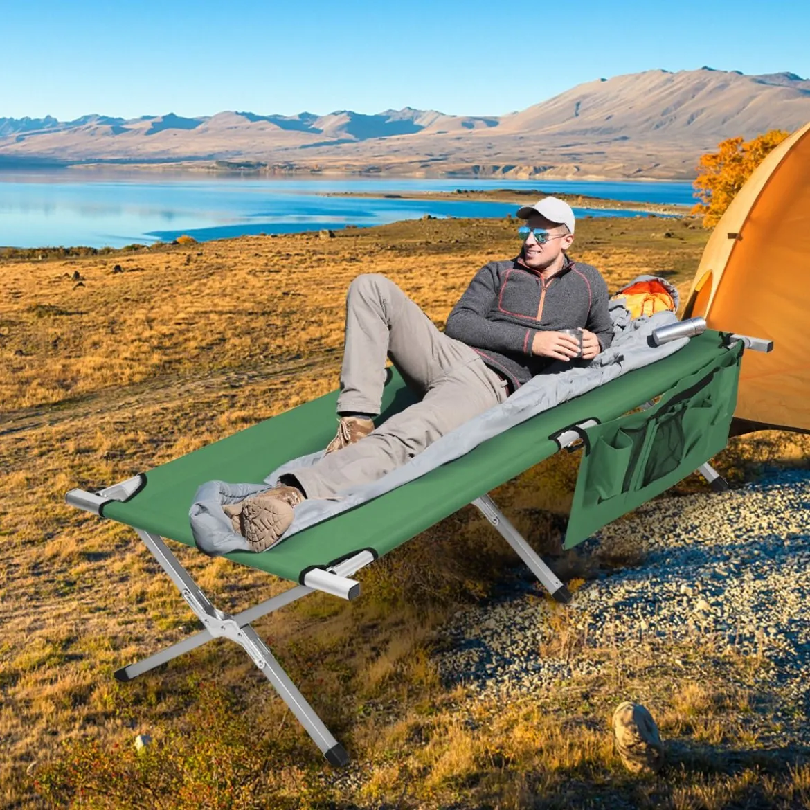 Campingbett Feldbett klappbares Campingbett Einzelbett Faltbett mit Seitentasche 190 x 73 x 42cm Grün