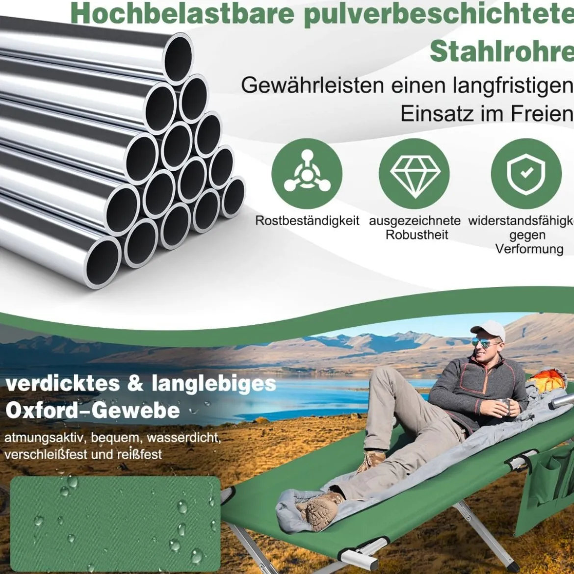 Campingbett Feldbett klappbares Campingbett Einzelbett Faltbett mit Seitentasche 190 x 73 x 42cm Grün